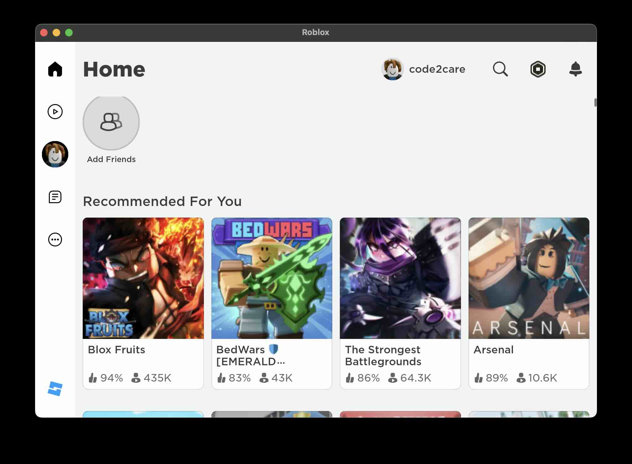Roblox Game App Home Screen on Mac
